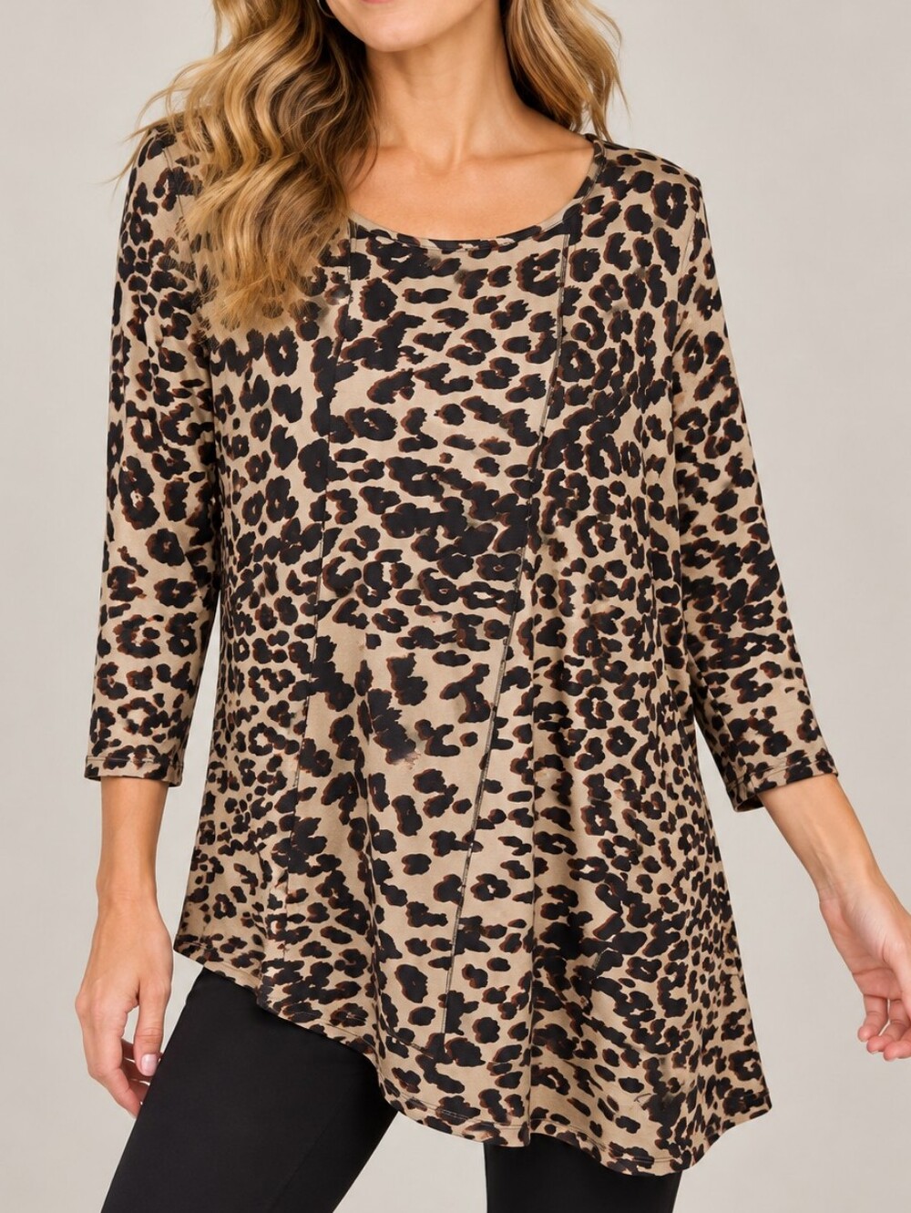 ZENERGY BY CHICO'S | Women's Brown Leopard Print Asymmetrical Hem Blouse Size L
